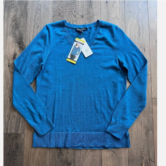 Katherine Barclay New Extra Fine Merino Wool V Neck Sweater Size S Teal Blue NWT - Picture 2 of 8